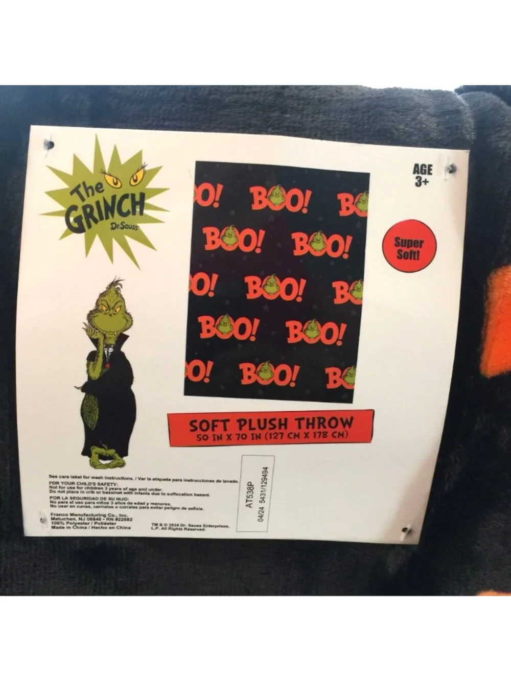 The GRINCH Halloween Vampire Grinch BOO! Soft Plush Blanket Throw 50